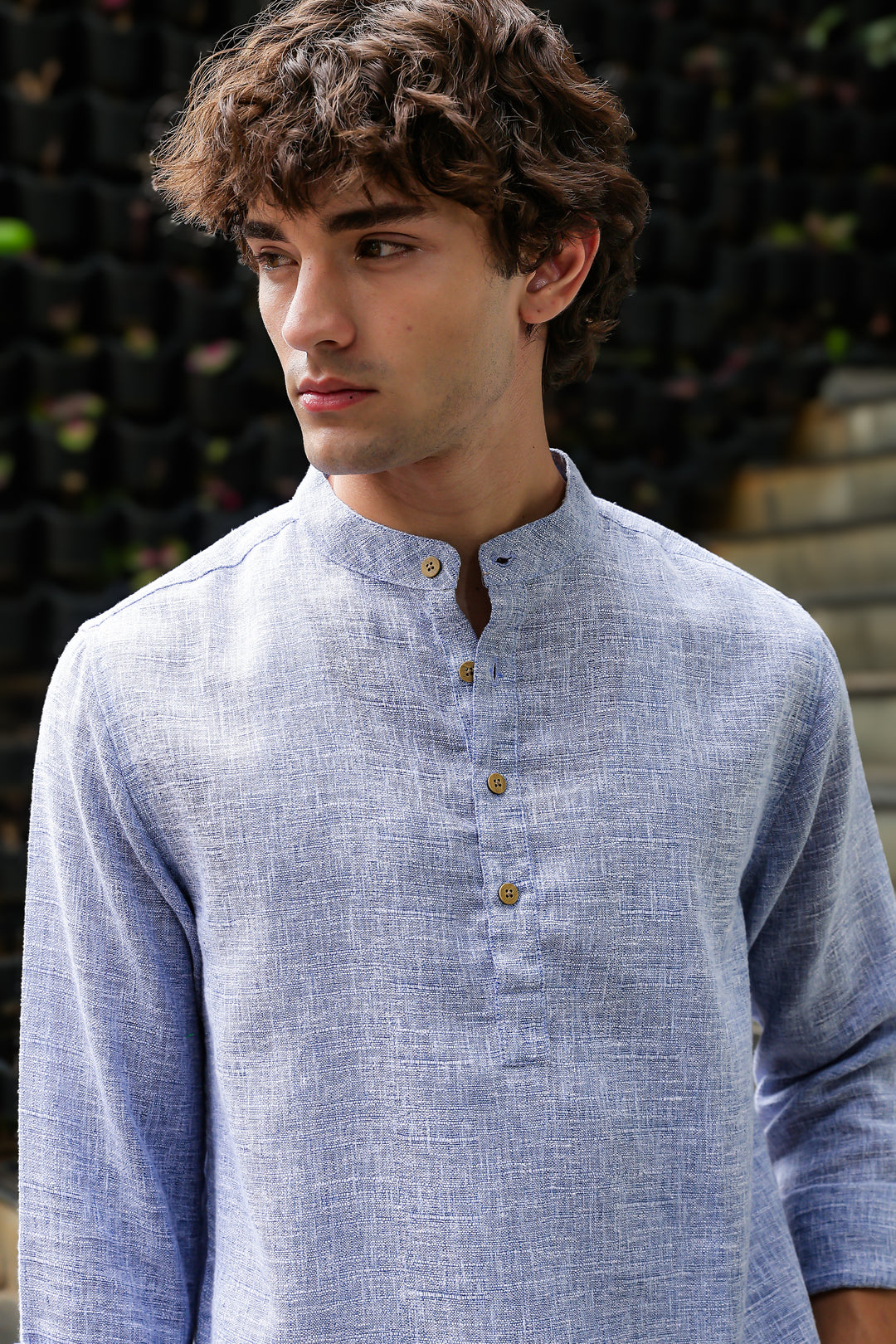 Linen : Light Blue  Mandarin Collar Shirt