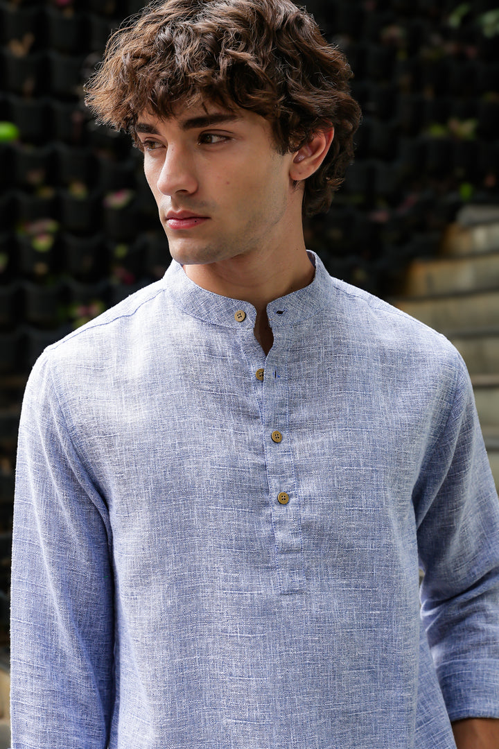 Linen : Light Blue  Mandarin Collar Shirt