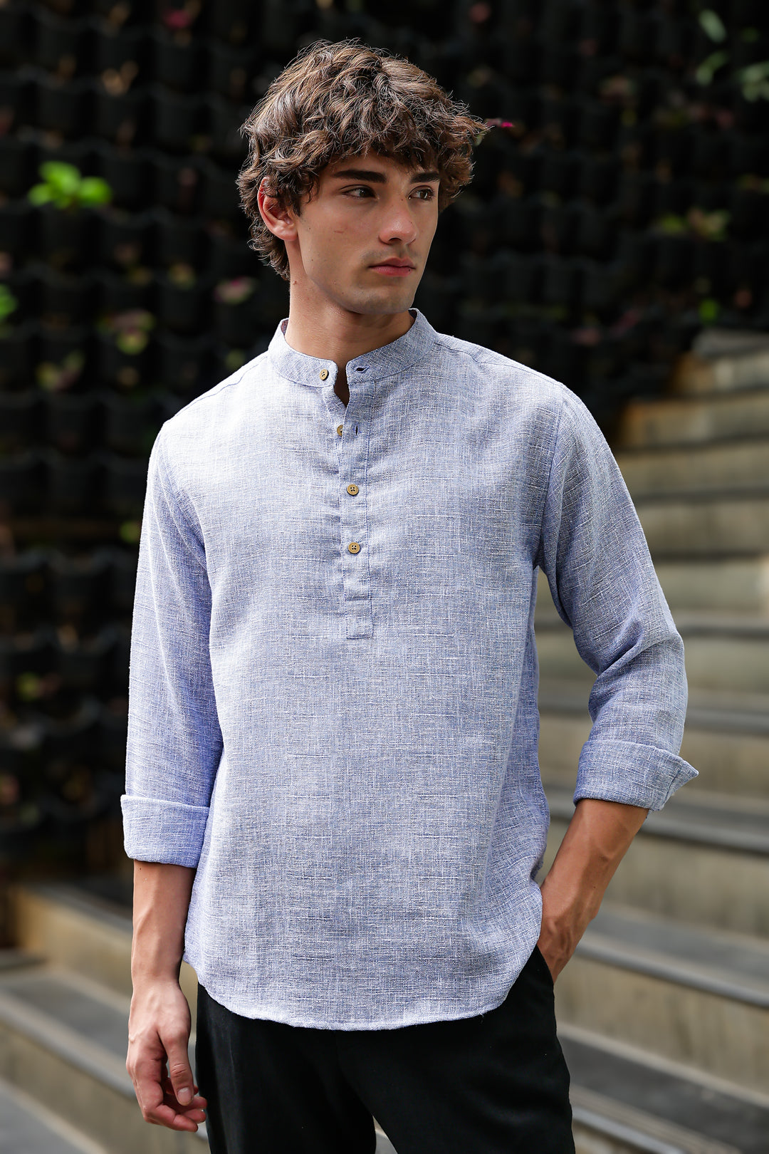 Linen : Light Blue  Mandarin Collar Shirt