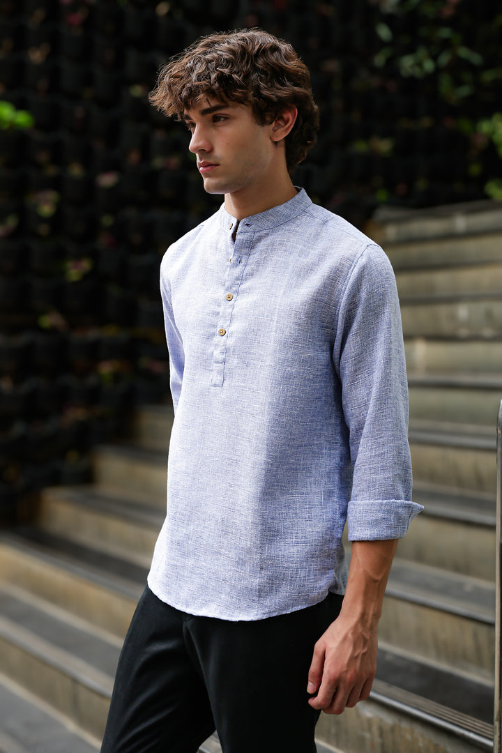 Linen : Light Blue  Mandarin Collar Shirt