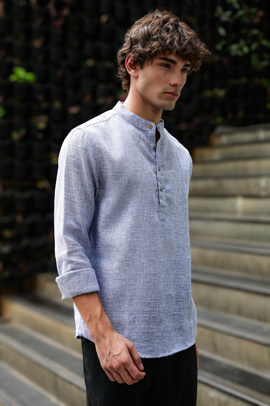 Linen : Light Blue  Mandarin Collar Shirt
