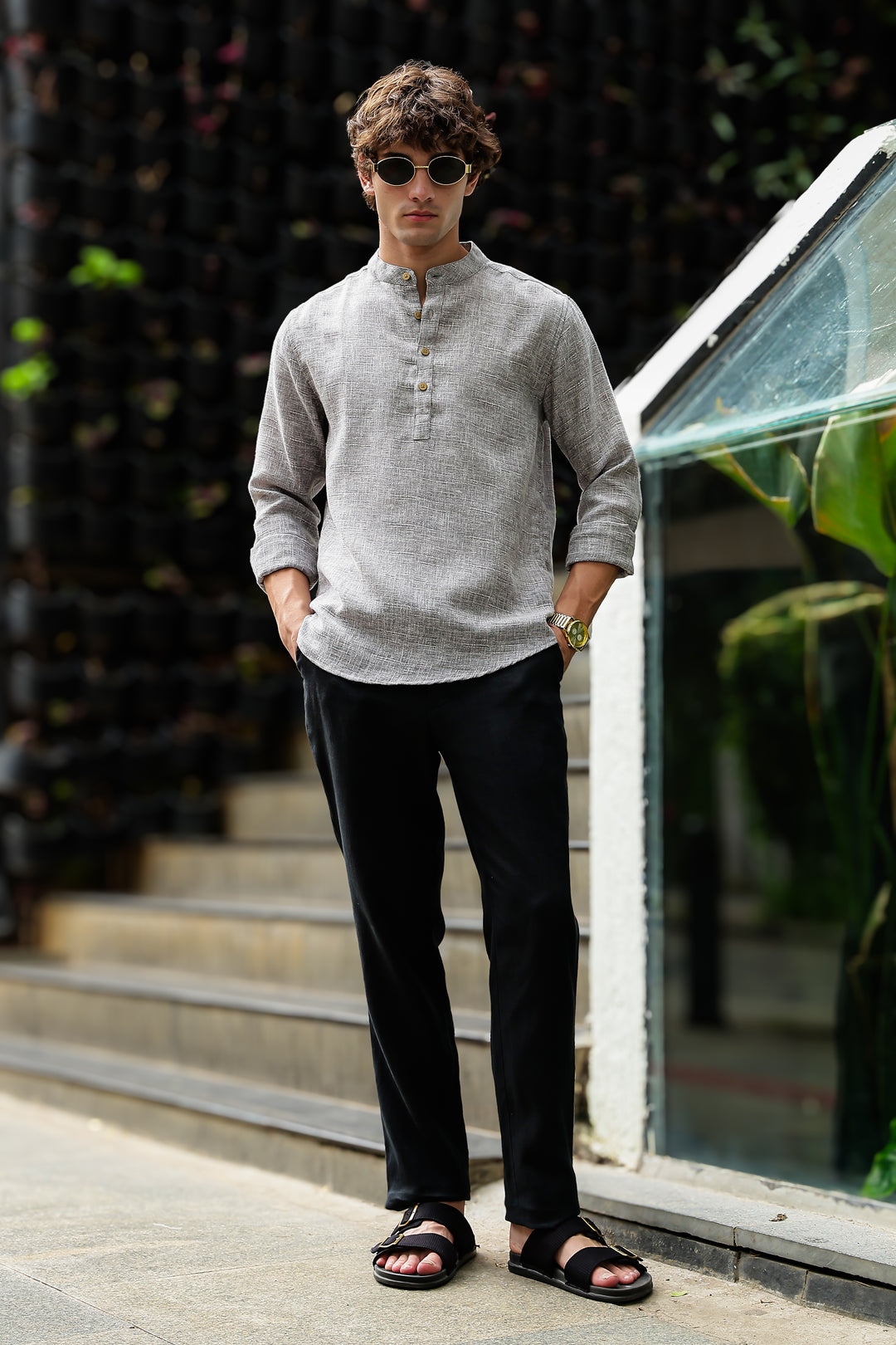 Linen : Light Grey Mandarin Collar Shirt