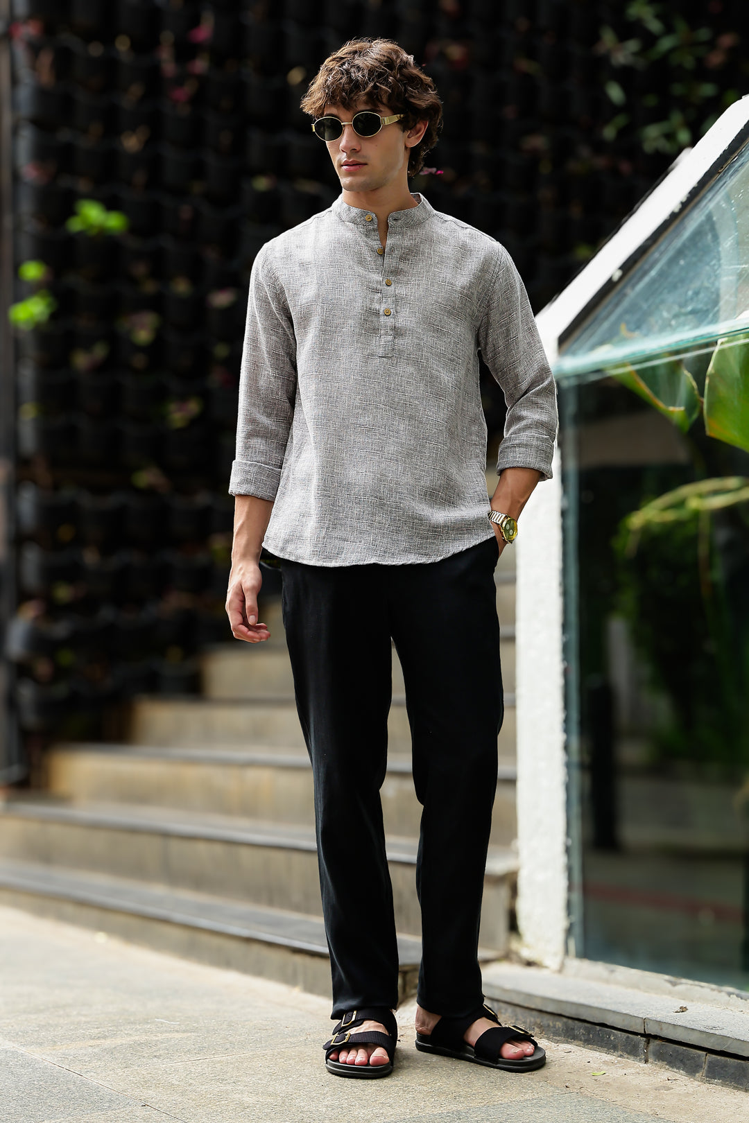 Linen : Light Grey Mandarin Collar Shirt
