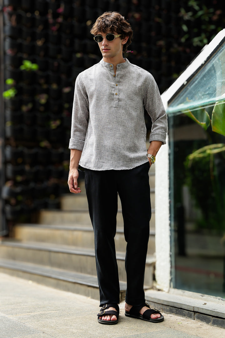 Linen : Light Grey Mandarin Collar Shirt