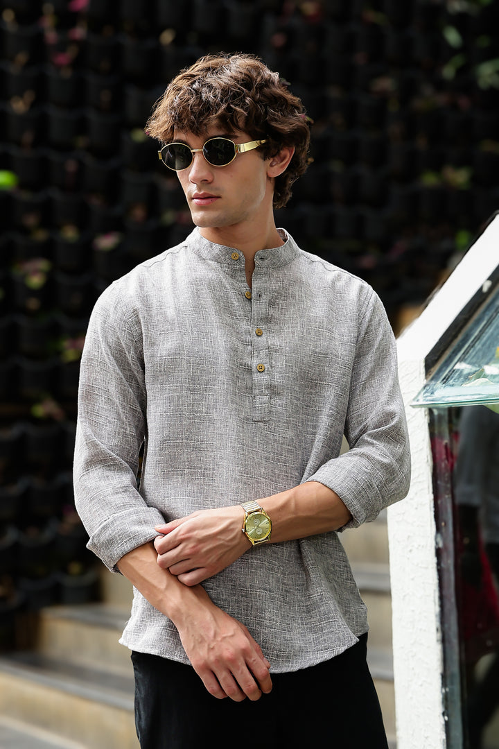 Linen : Light Grey Mandarin Collar Shirt