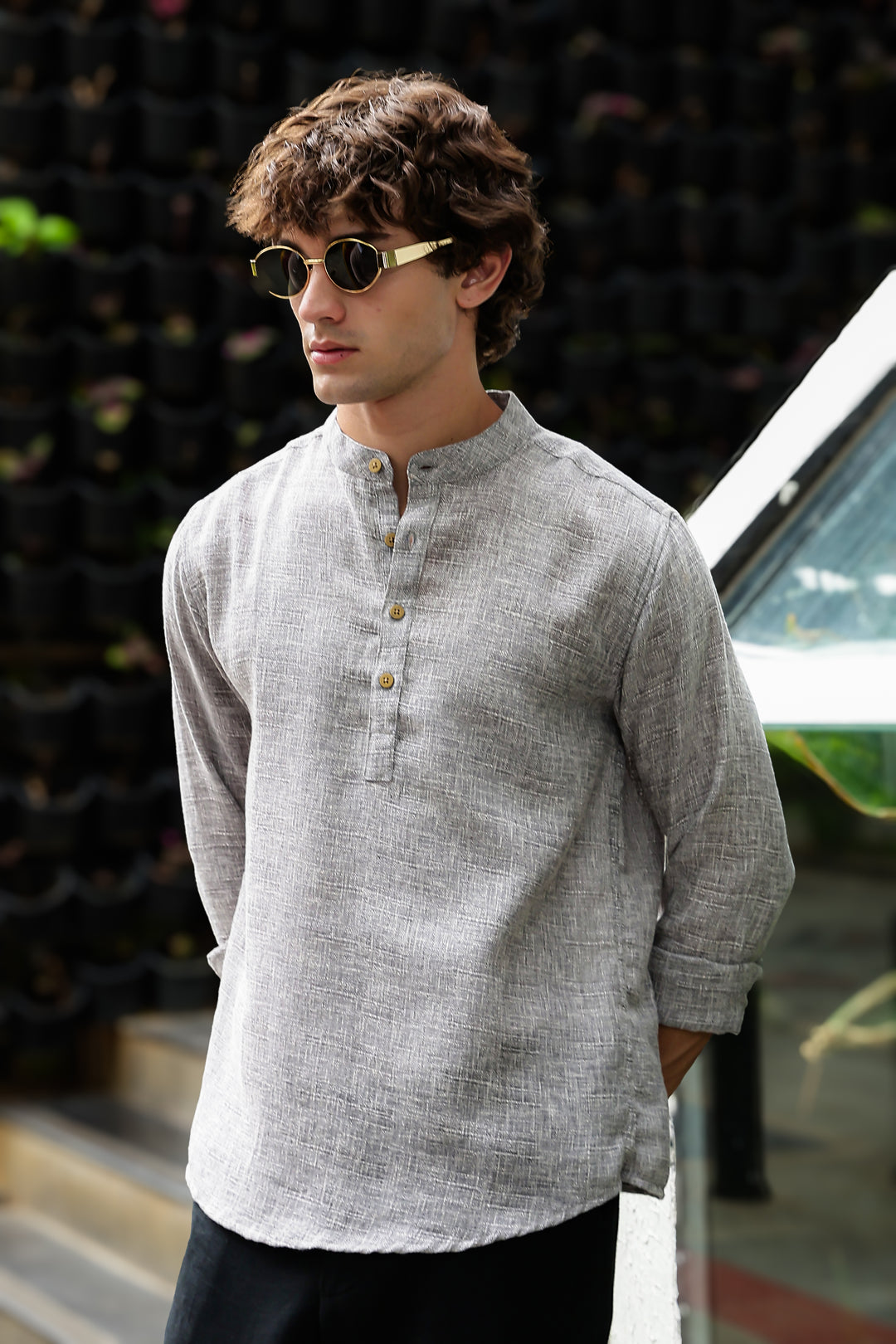 Linen : Light Grey Mandarin Collar Shirt