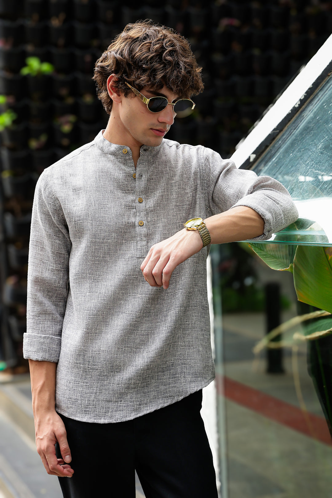 Linen : Light Grey Mandarin Collar Shirt