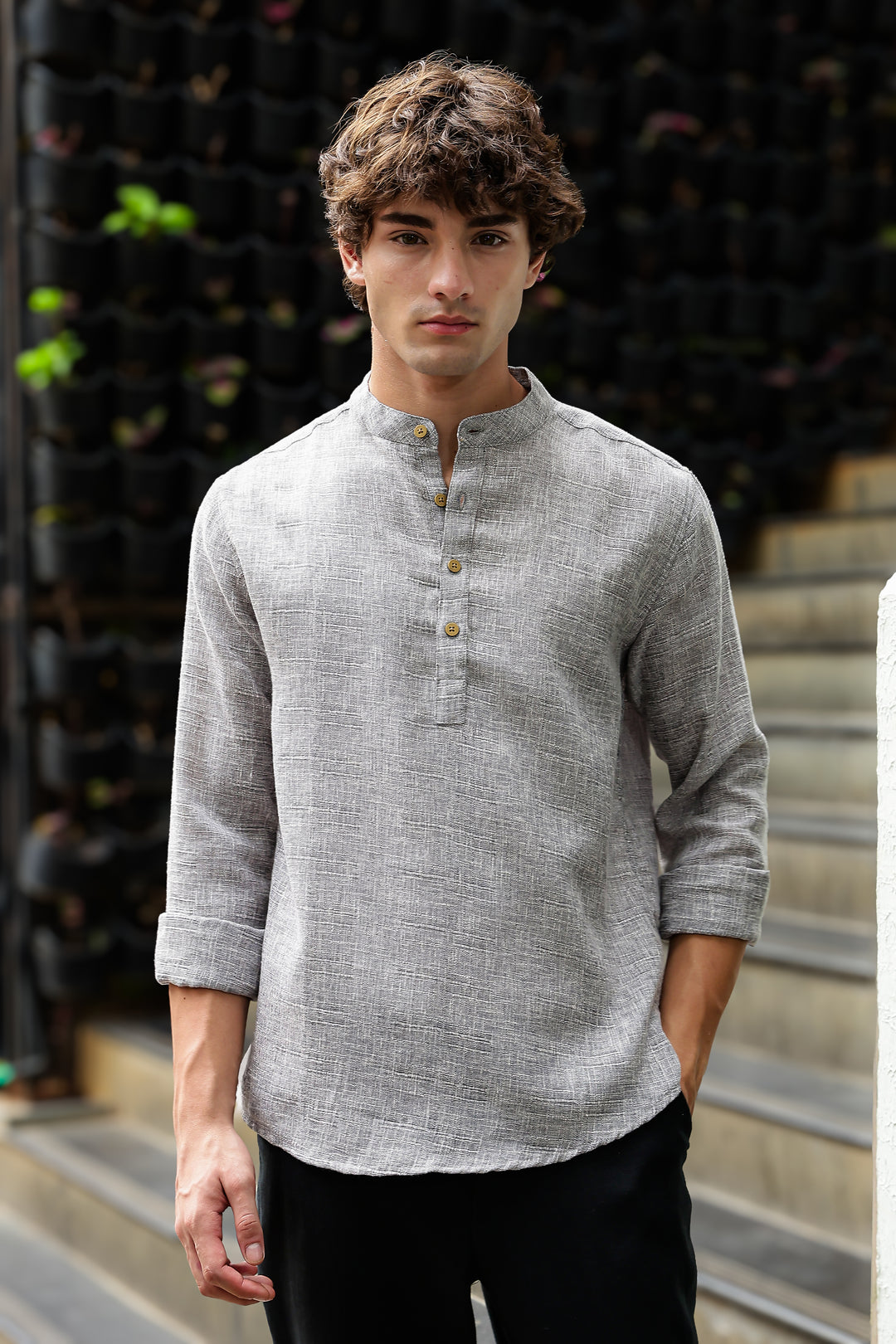 Linen : Light Grey Mandarin Collar Shirt