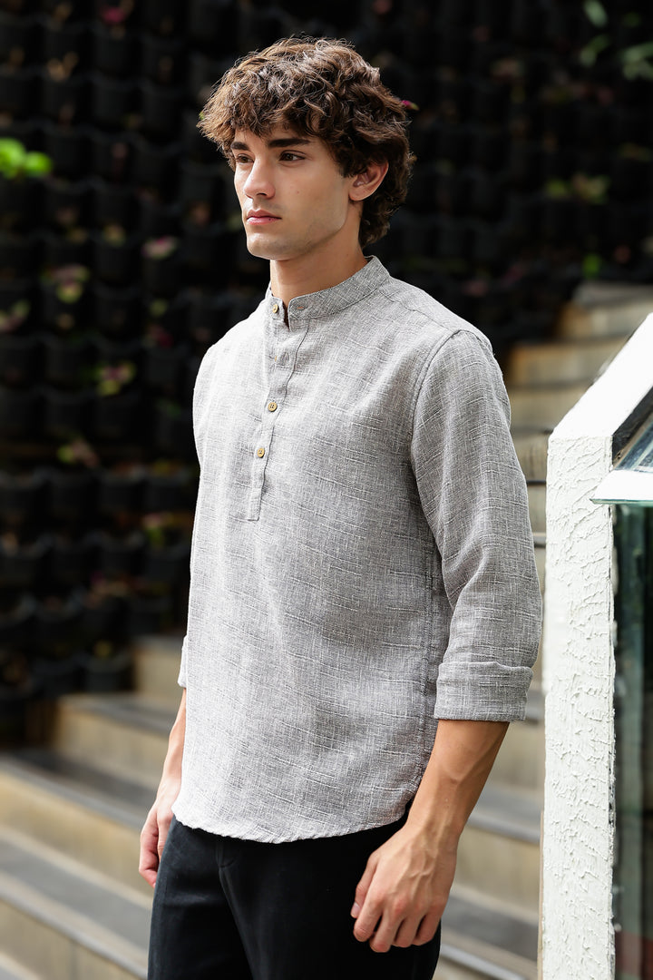 Linen : Light Grey Mandarin Collar Shirt