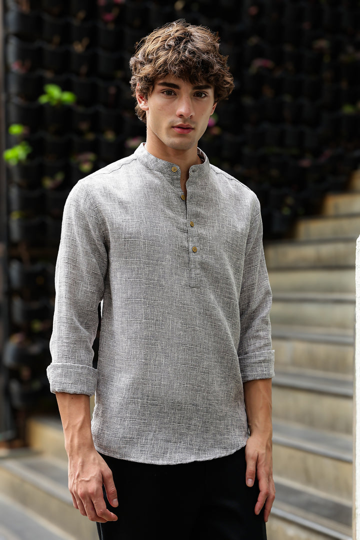 Linen : Light Grey Mandarin Collar Shirt