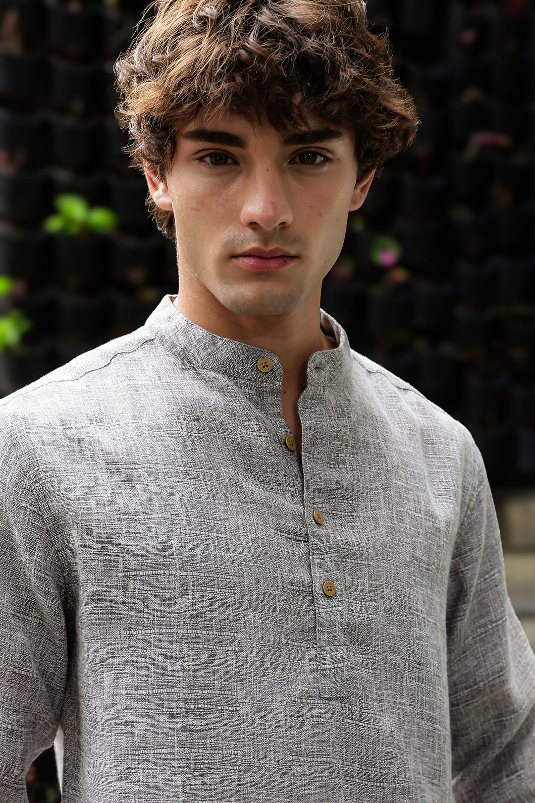 Linen : Light Grey Mandarin Collar Shirt