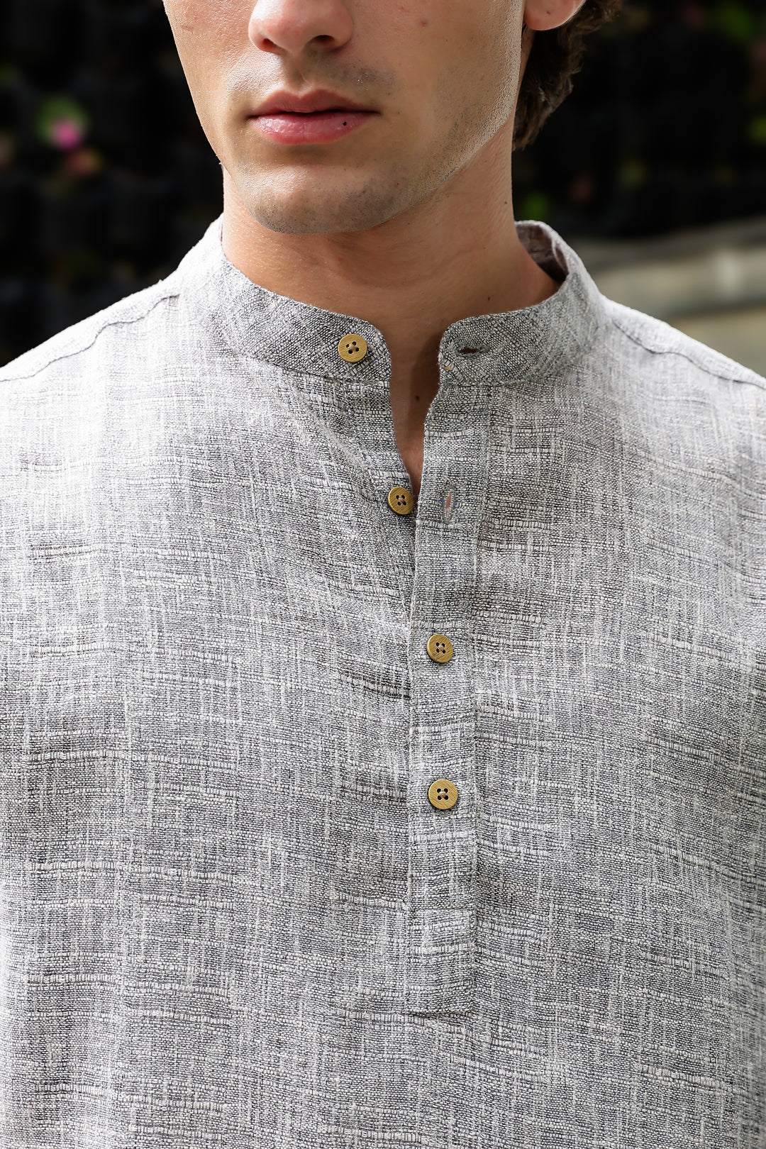 Linen : Light Grey Mandarin Collar Shirt