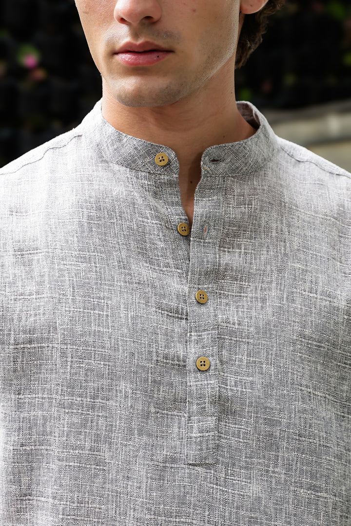 Linen : Light Grey Mandarin Collar Shirt