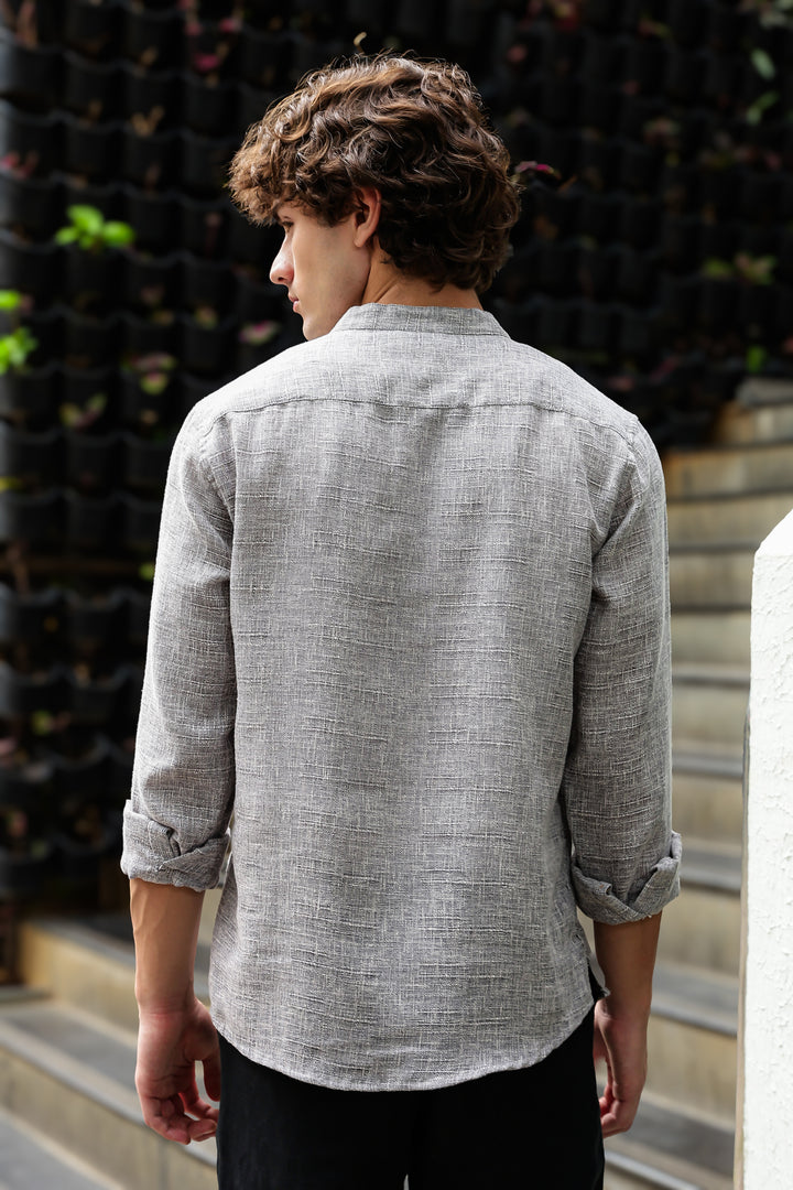 Linen : Light Grey Mandarin Collar Shirt
