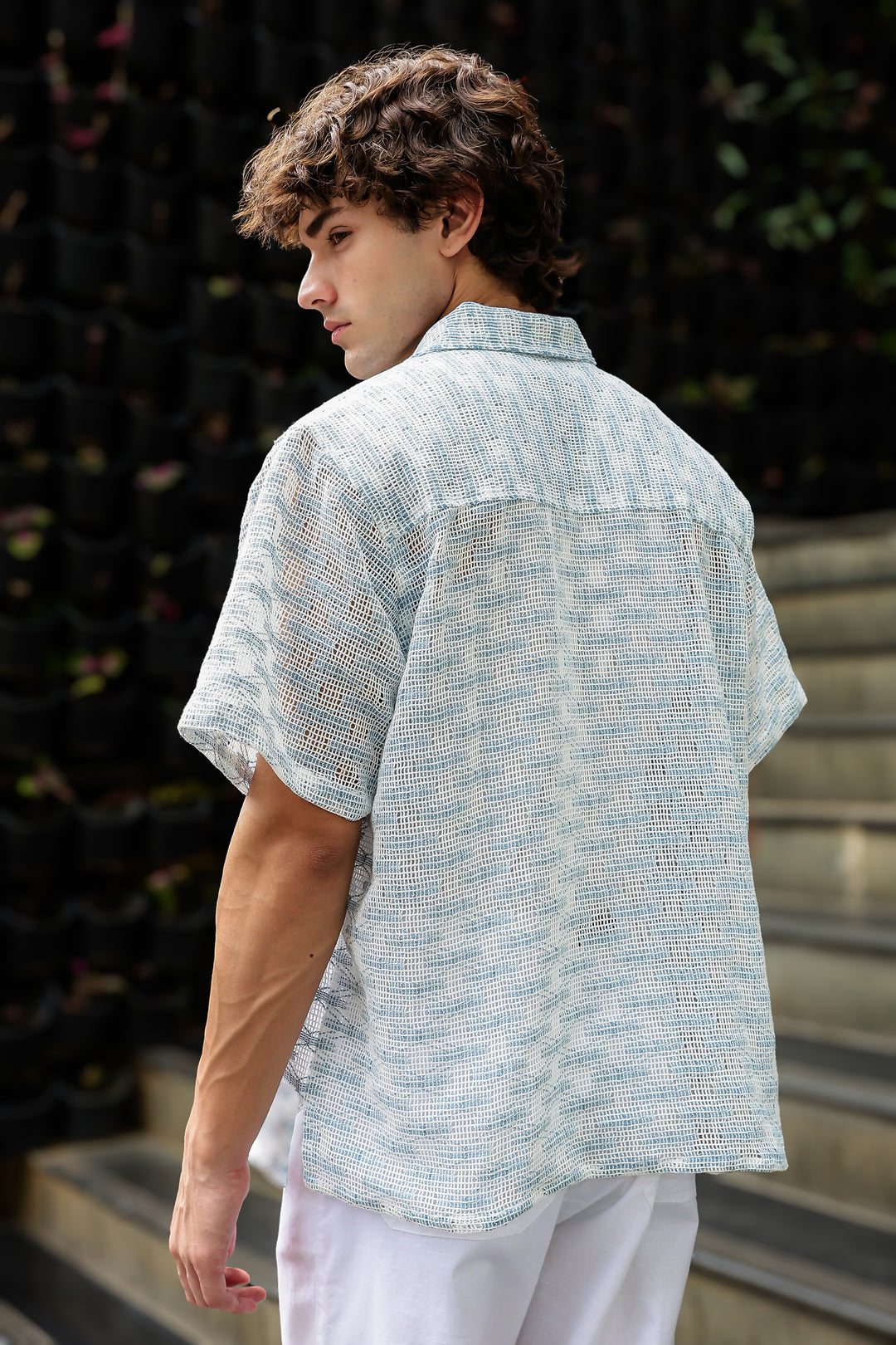 Short Sleeve : Light Blue Weave Crochet Shirt