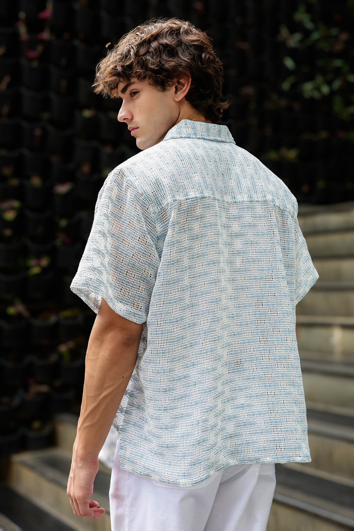 Short Sleeve : Light Blue Weave Crochet Shirt