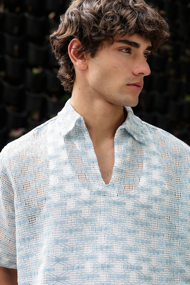 Short Sleeve : Light Blue Weave Crochet Shirt
