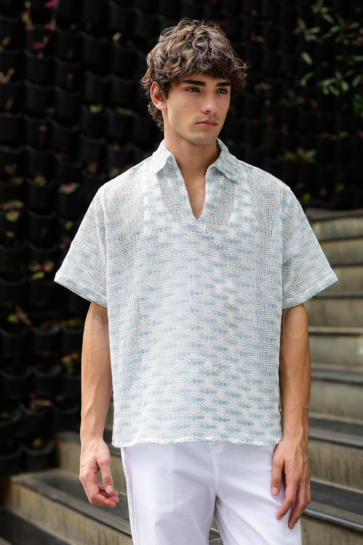 Short Sleeve : Light Blue Weave Crochet Shirt