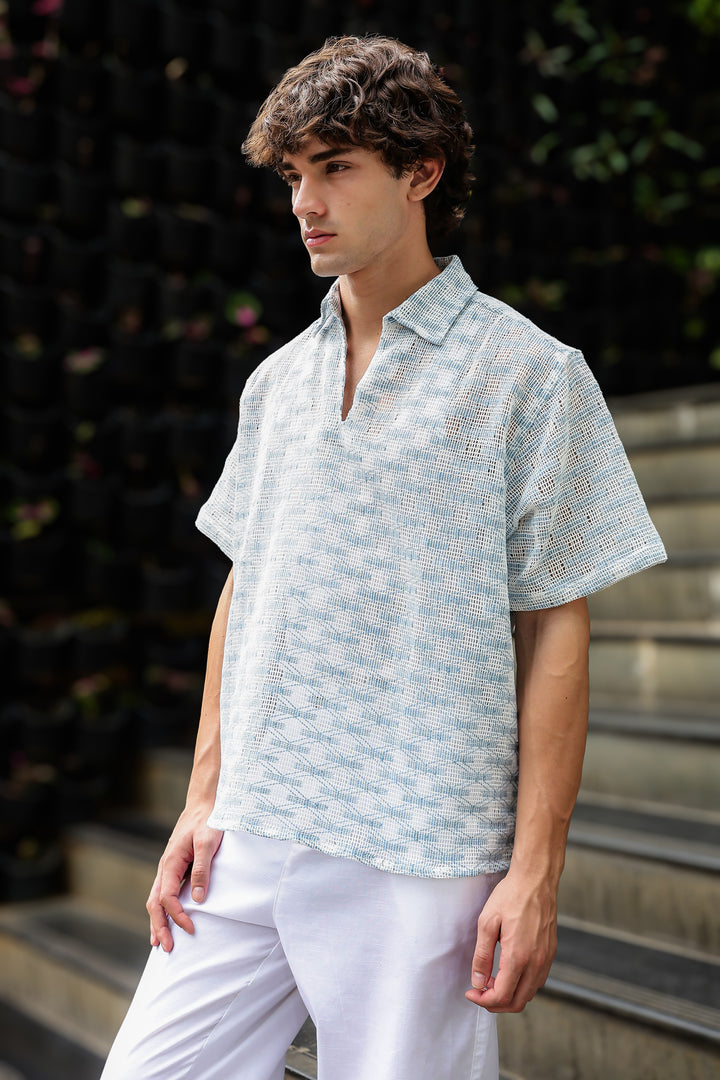 Short Sleeve : Light Blue Weave Crochet Shirt