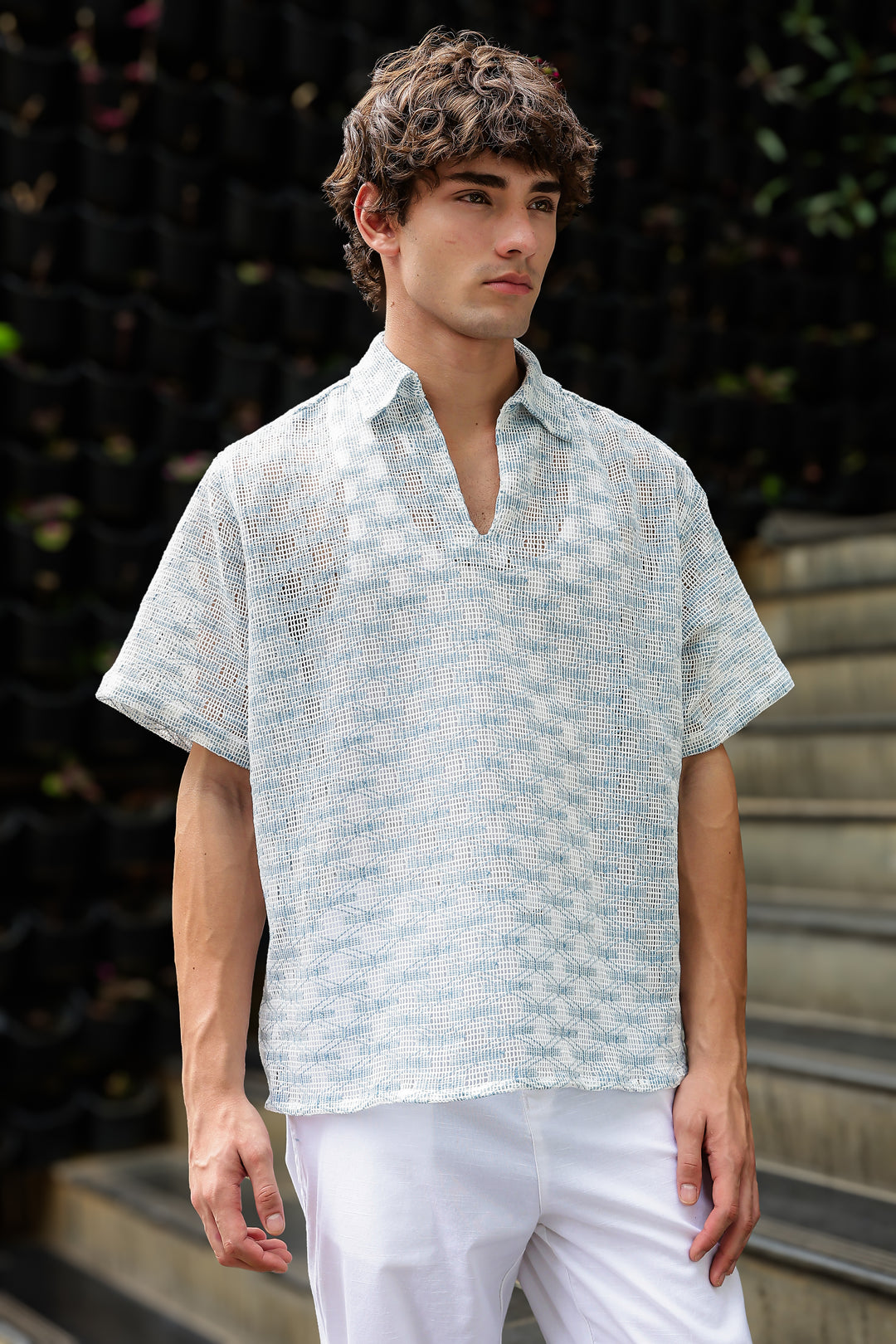 Short Sleeve : Light Blue Weave Crochet Shirt