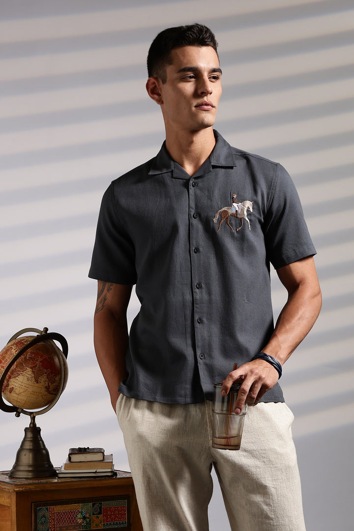 Race-Horse: Embroidery Textured Fabric Cuban Shirt