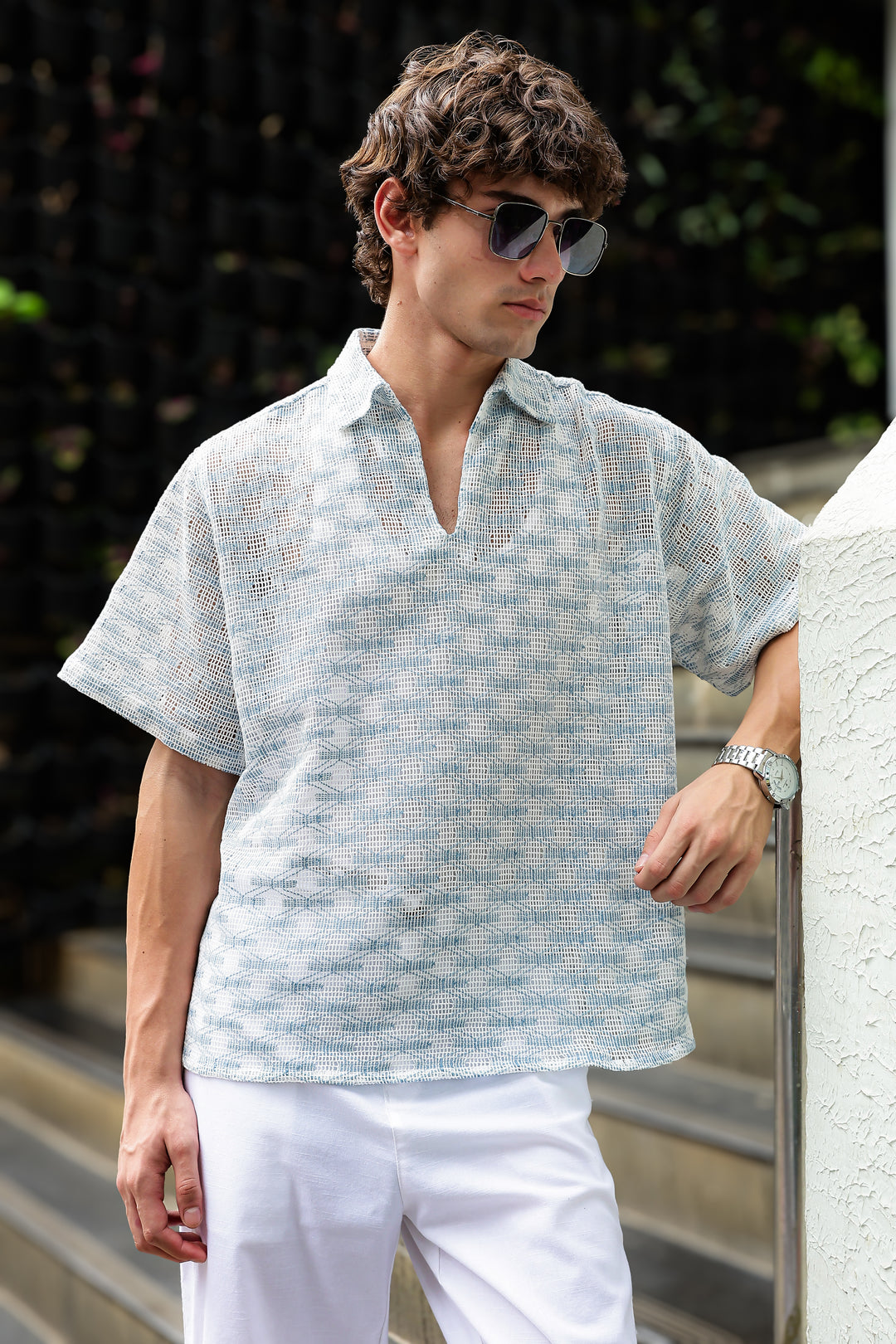 Short Sleeve : Light Blue Weave Crochet Shirt