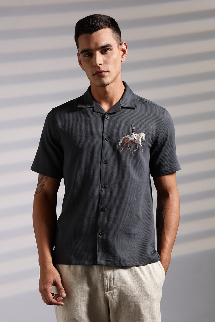 Race-Horse: Embroidery Textured Fabric Cuban Shirt