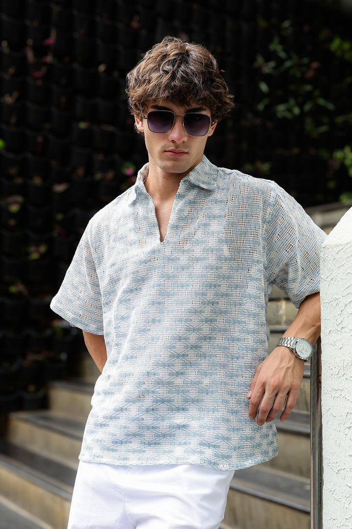 Short Sleeve : Light Blue Weave Crochet Shirt