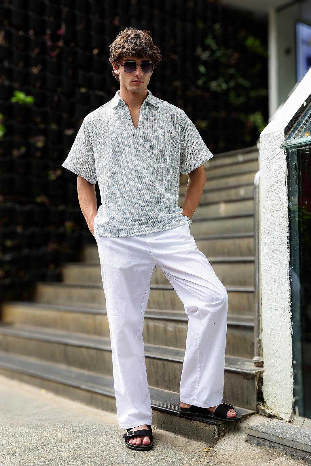 Short Sleeve : Light Blue Weave Crochet Shirt
