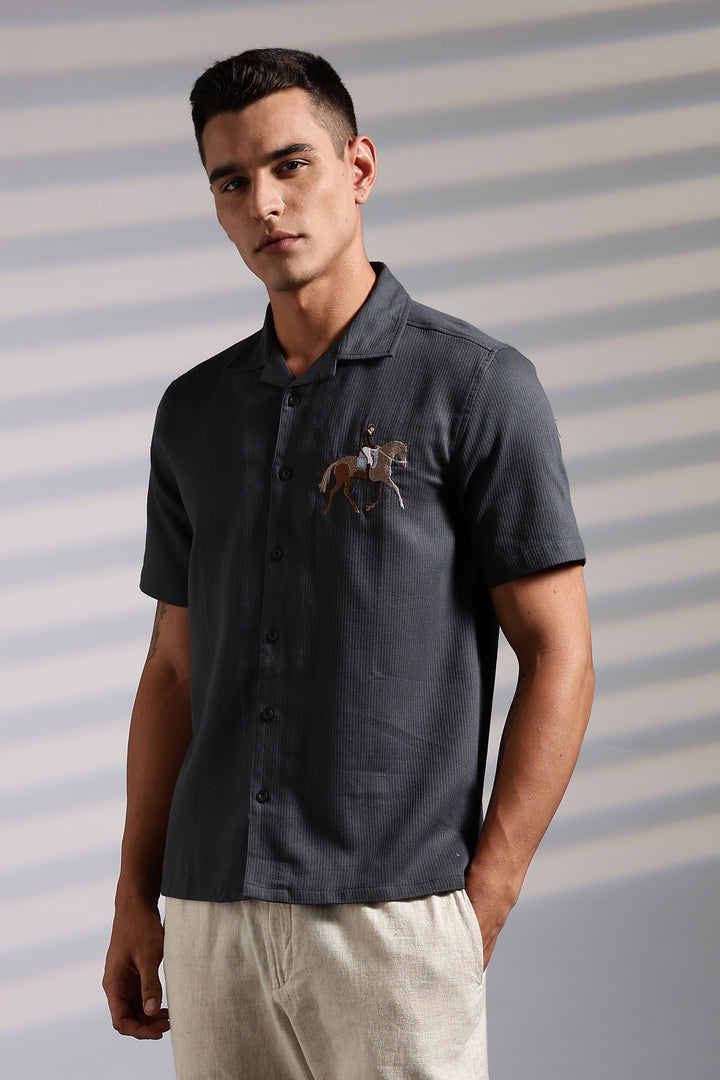 Race-Horse: Embroidery Textured Fabric Cuban Shirt