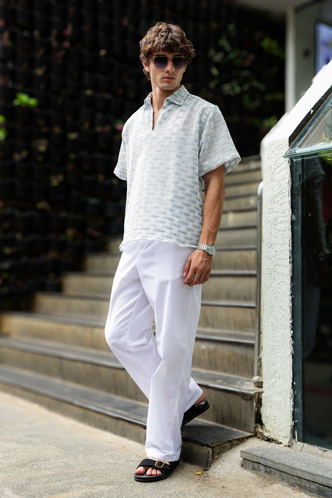 Short Sleeve : Light Blue Weave Crochet Shirt