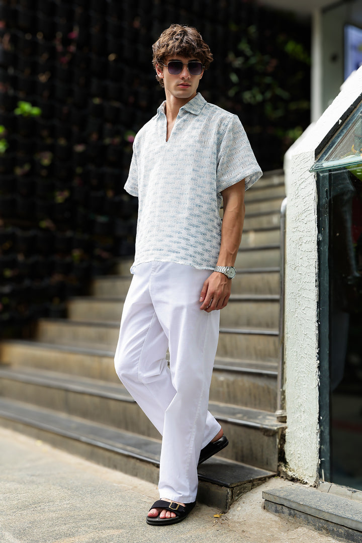 Short Sleeve : Light Blue Weave Crochet Shirt