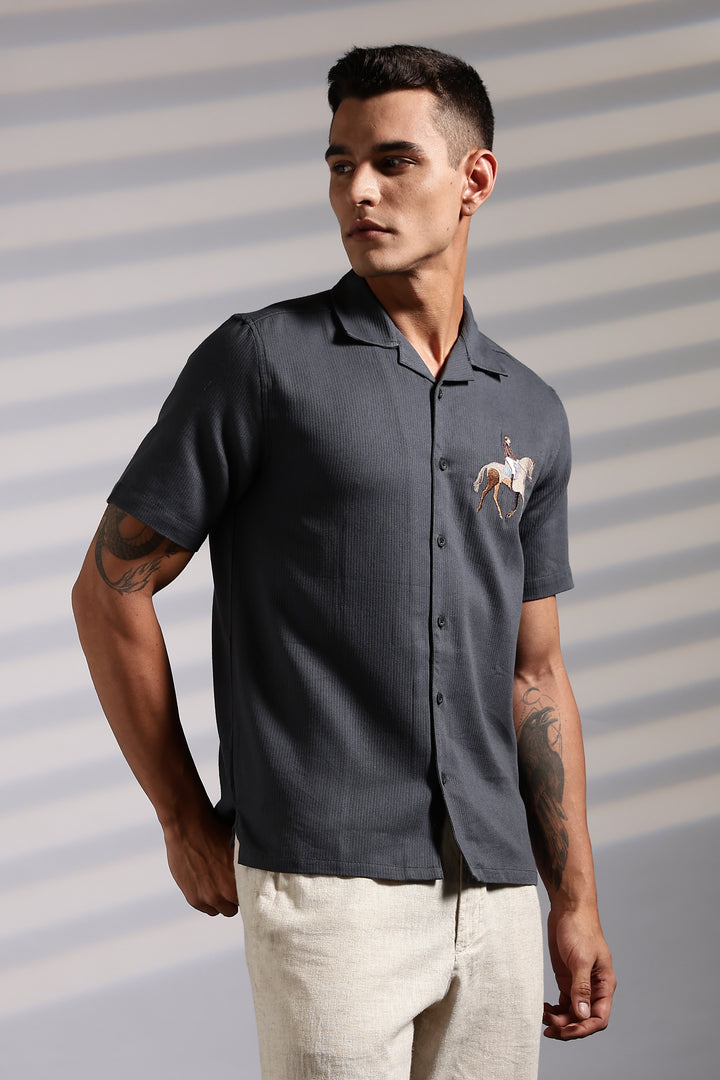 Race-Horse: Embroidery Textured Fabric Cuban Shirt
