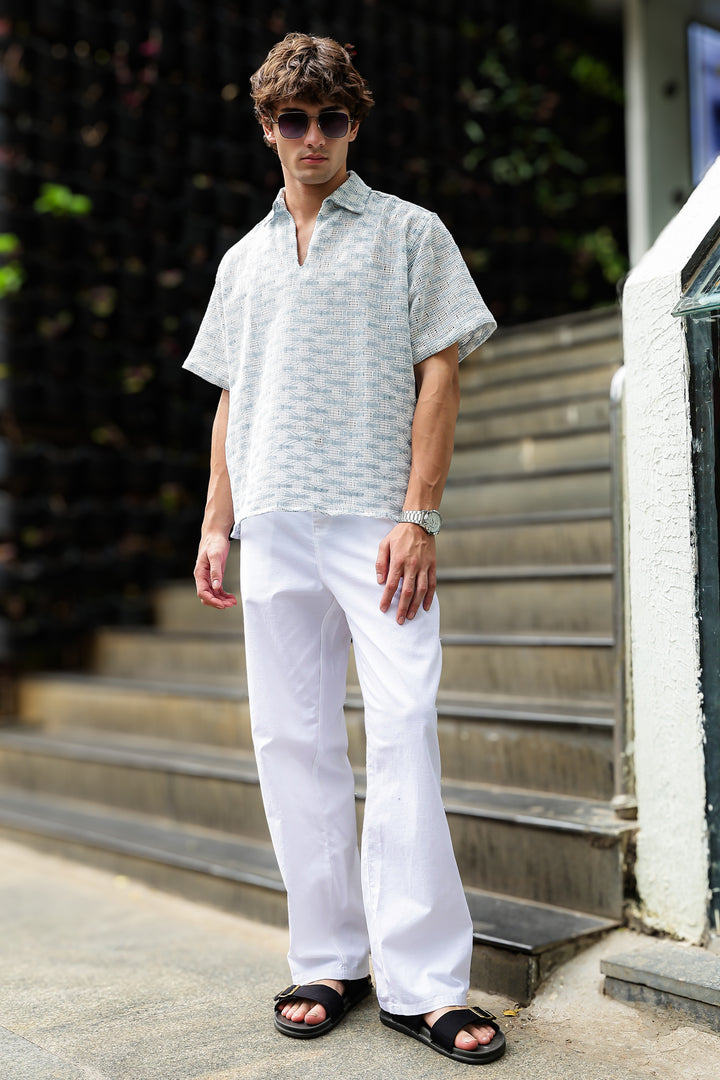 Short Sleeve : Light Blue Weave Crochet Shirt
