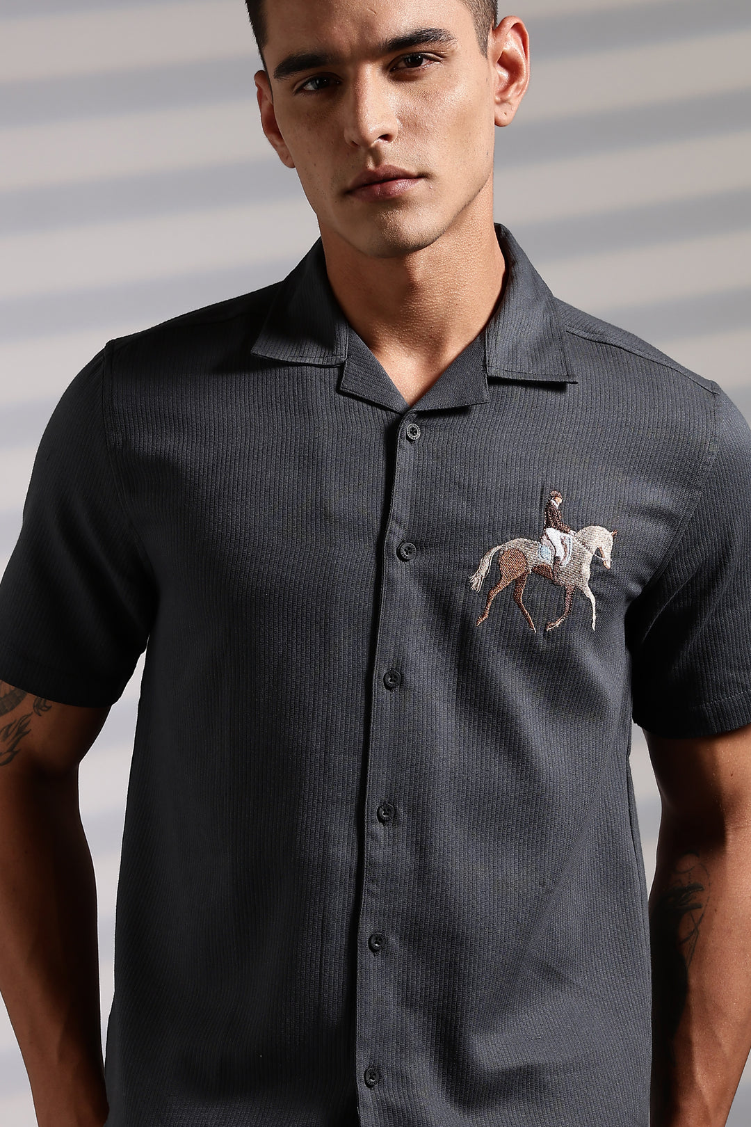 Race-Horse: Embroidery Textured Fabric Cuban Shirt