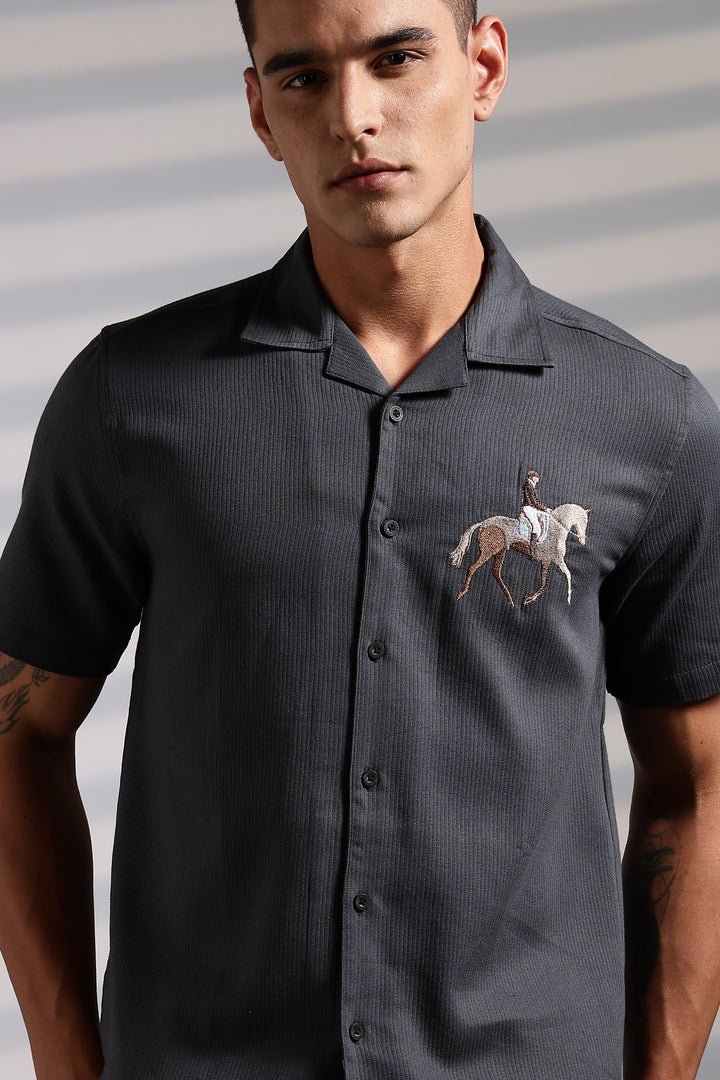 Race-Horse: Embroidery Textured Fabric Cuban Shirt