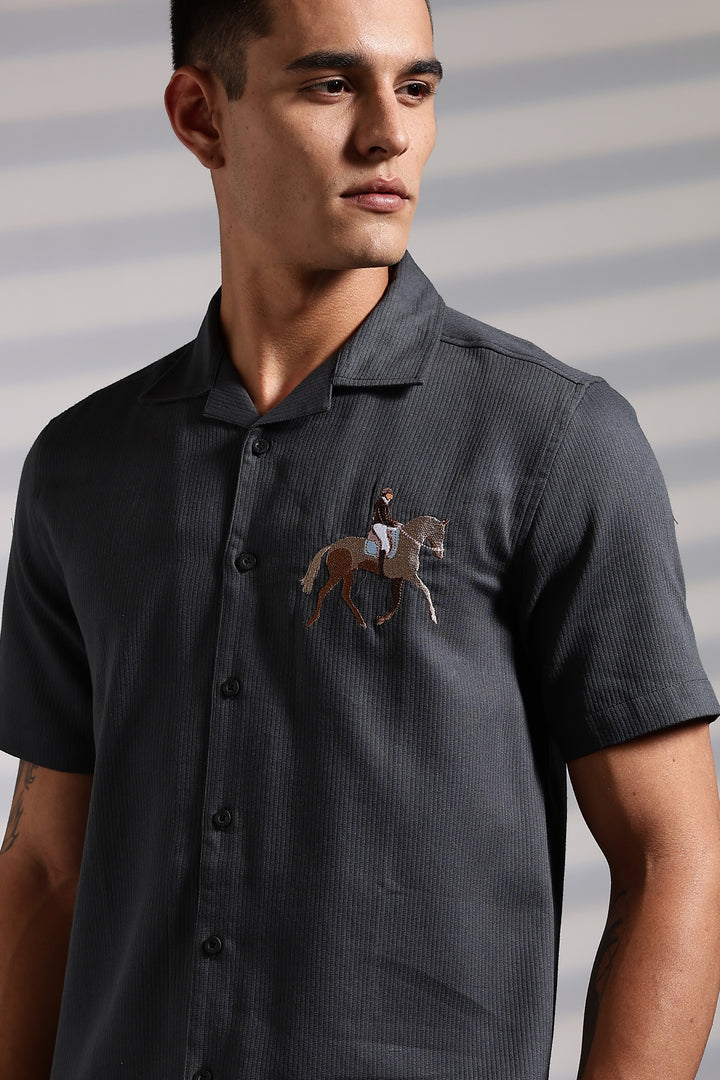 Race-Horse: Embroidery Textured Fabric Cuban Shirt