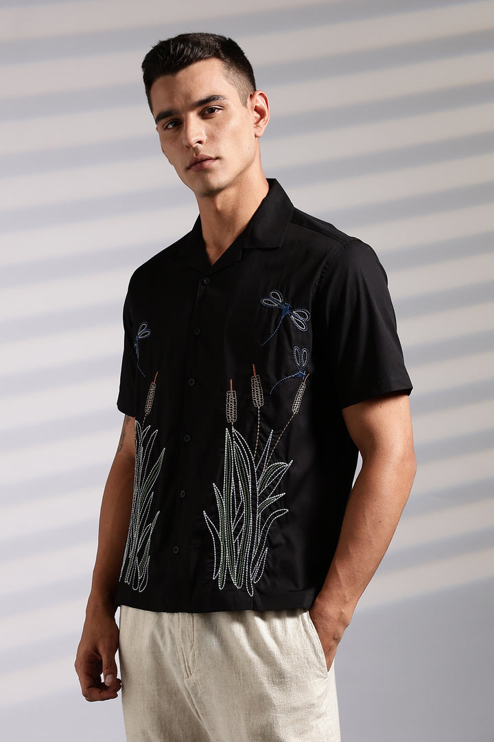 Wheat Berry Embroidery Cuban Shirt