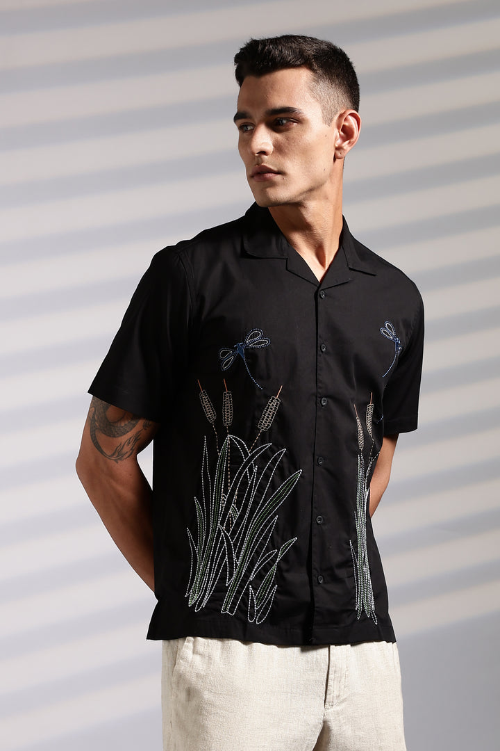 Wheat Berry Embroidery Cuban Shirt