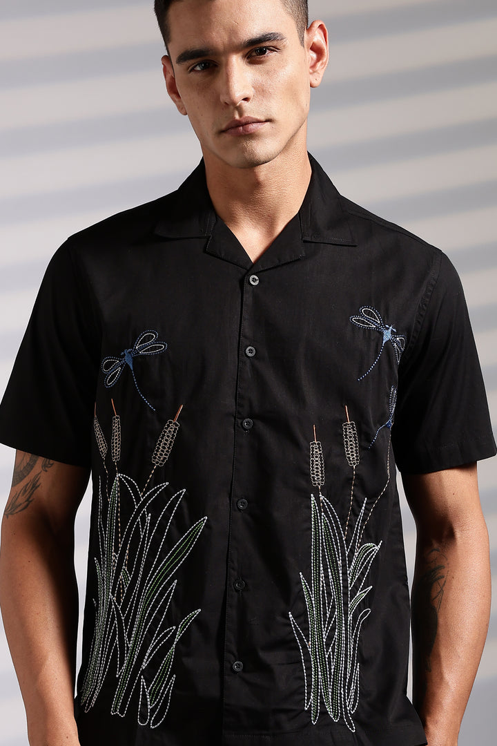 Wheat Berry Embroidery Cuban Shirt