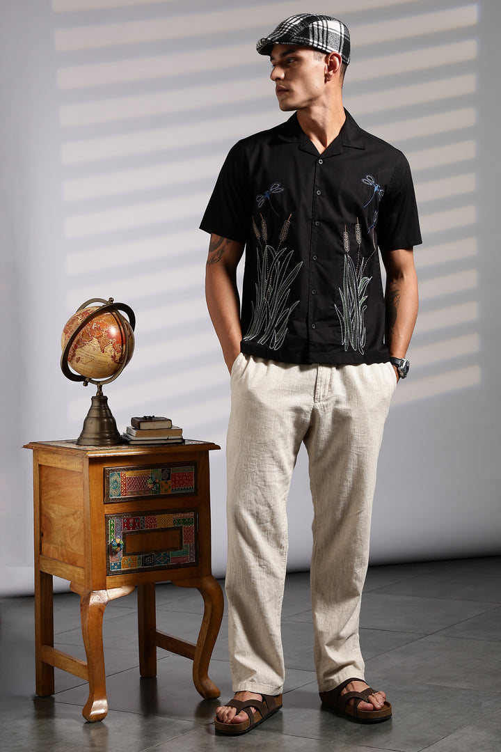 Wheat Berry Embroidery Cuban Shirt