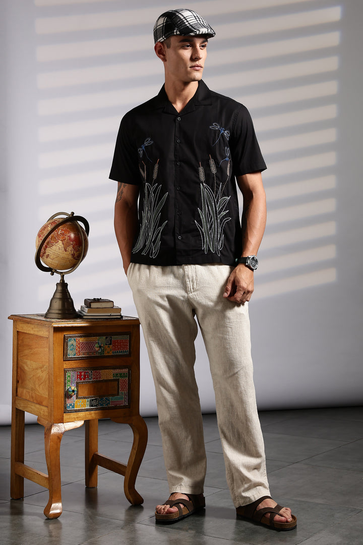 Wheat Berry Embroidery Cuban Shirt