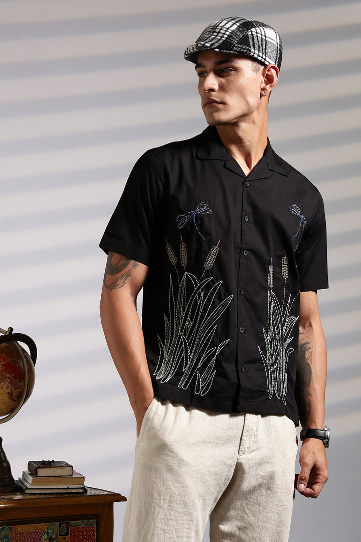 Wheat Berry Embroidery Cuban Shirt