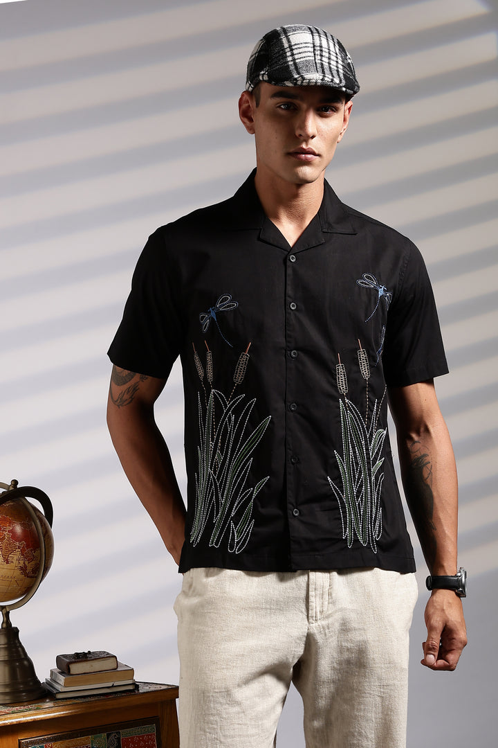 Wheat Berry Embroidery Cuban Shirt
