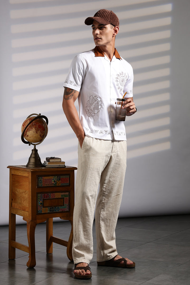 Sun: White Embroidery Cotton Cuban Shirt