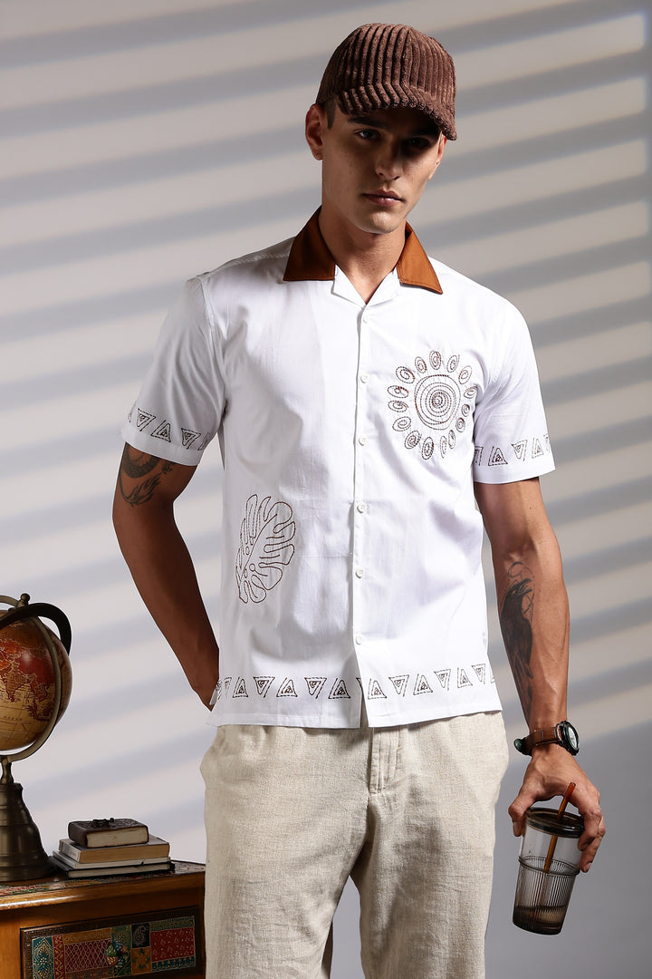 Sun: White Embroidery Cotton Cuban Shirt