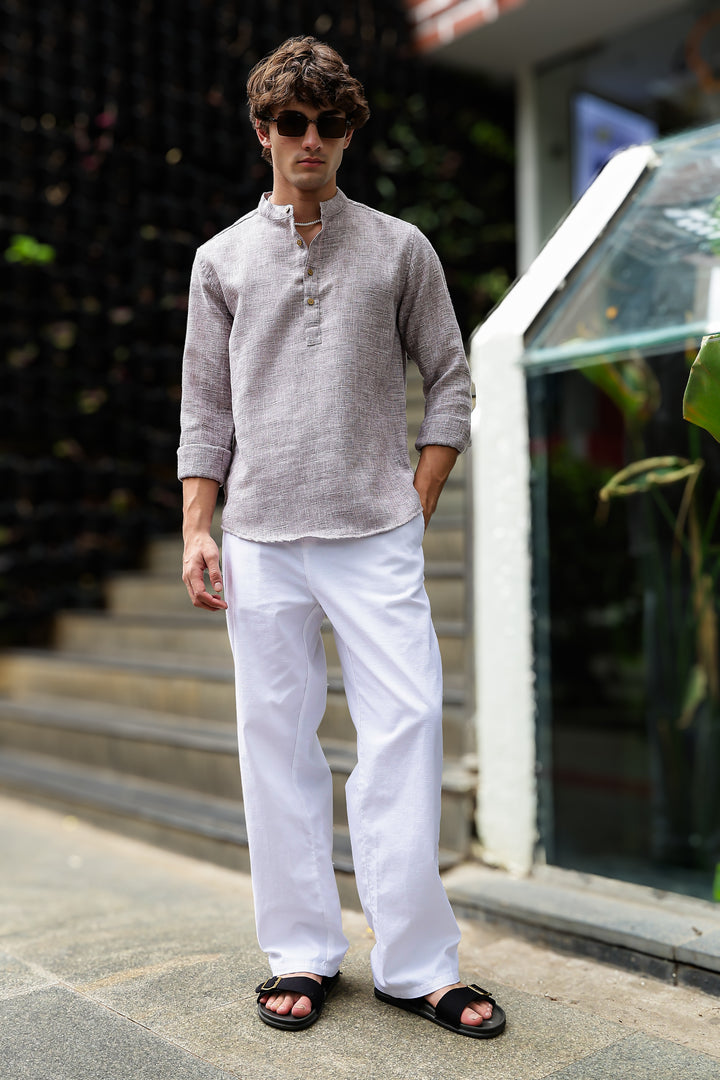 Linen : Brownish Grey Mandarin Collar Shirt Regular price