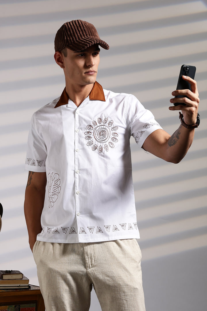 Sun: White Embroidery Cotton Cuban Shirt
