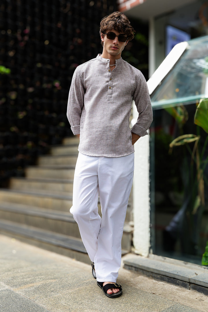 Linen : Brownish Grey Mandarin Collar Shirt Regular price