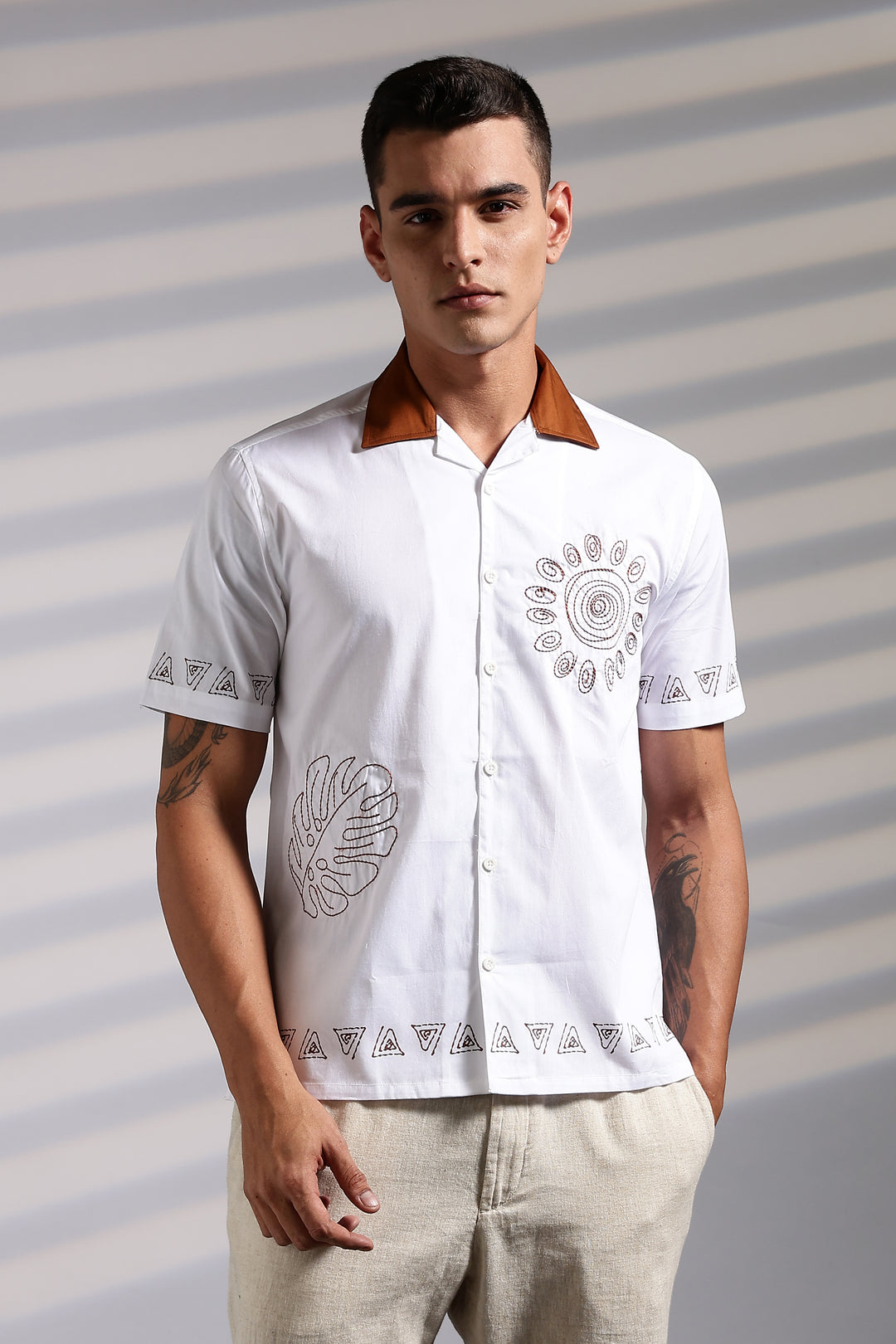 Sun: White Embroidery Cotton Cuban Shirt